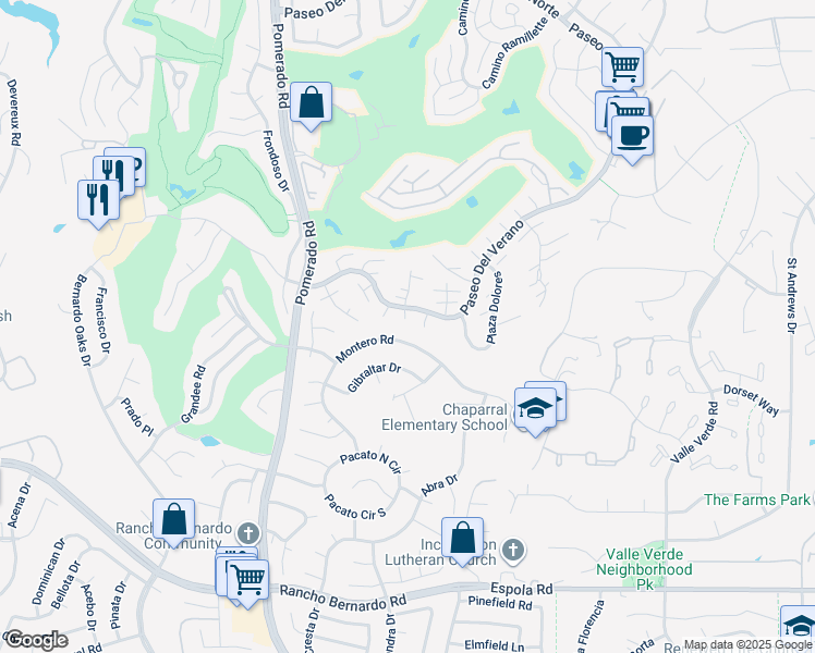 map of restaurants, bars, coffee shops, grocery stores, and more near 17411 Plaza Sonrisada in San Diego