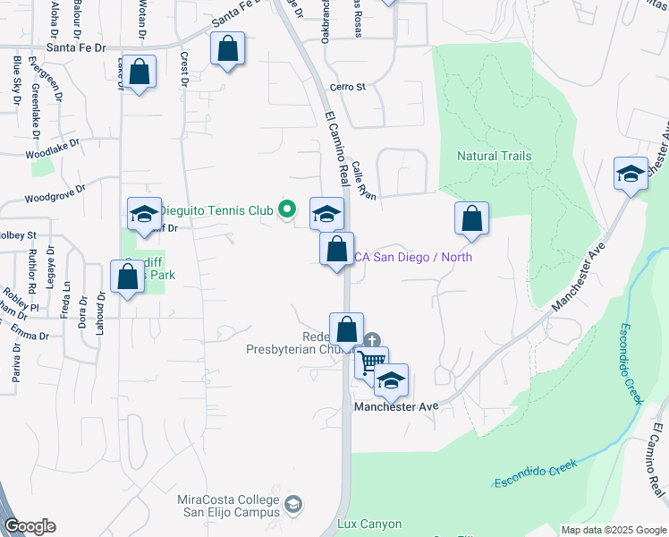 map of restaurants, bars, coffee shops, grocery stores, and more near 1550 South El Camino Real in Encinitas