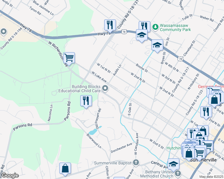 map of restaurants, bars, coffee shops, grocery stores, and more near 908 West Doty Avenue in Summerville