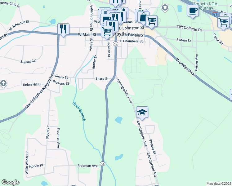 map of restaurants, bars, coffee shops, grocery stores, and more near 212 South Lee Street in Forsyth