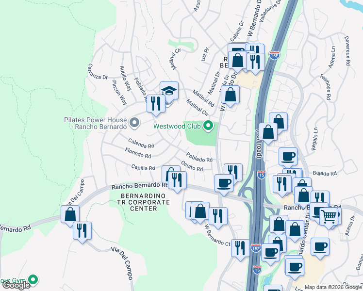 map of restaurants, bars, coffee shops, grocery stores, and more near 11405 Poblado Road in San Diego