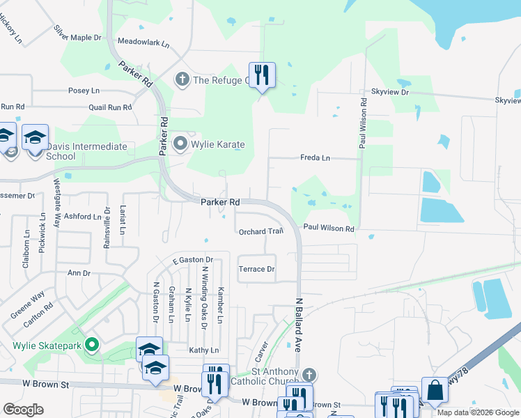 map of restaurants, bars, coffee shops, grocery stores, and more near 308 Millstone Drive in Wylie