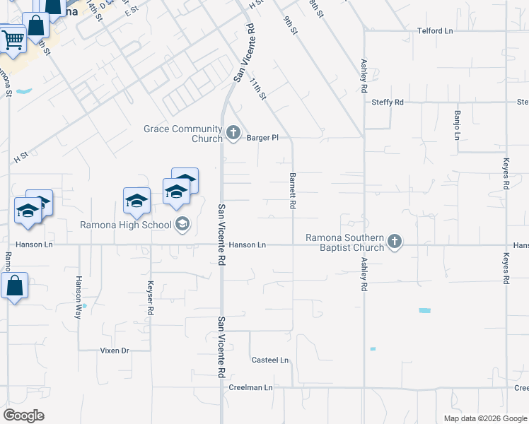 map of restaurants, bars, coffee shops, grocery stores, and more near 1150 Campbell Way in Ramona