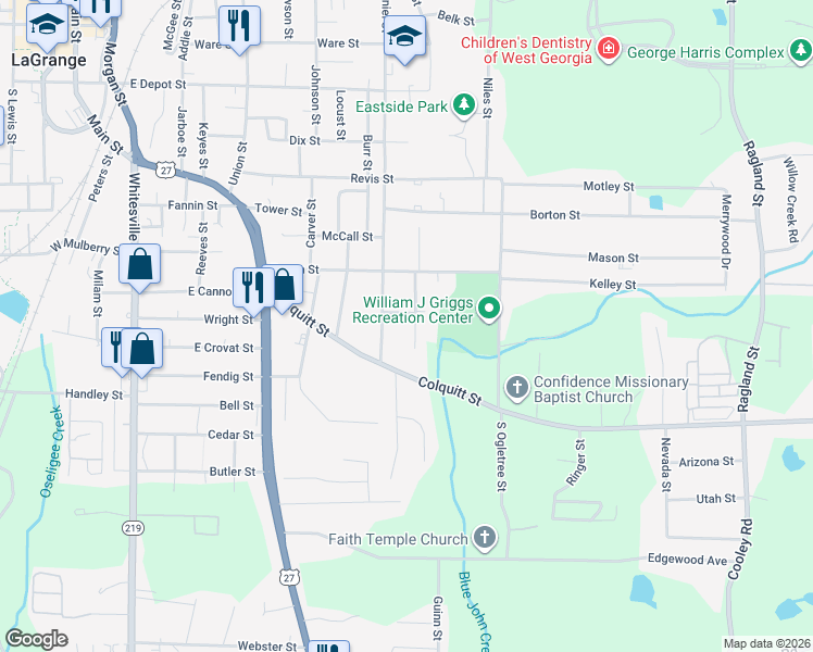 map of restaurants, bars, coffee shops, grocery stores, and more near 628 Smoot Street in LaGrange