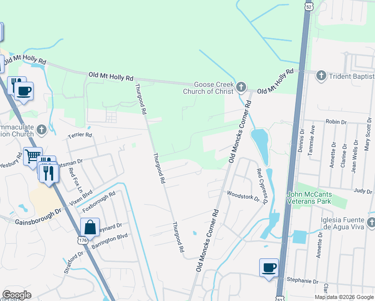 map of restaurants, bars, coffee shops, grocery stores, and more near 926 Emerald Lane in Goose Creek