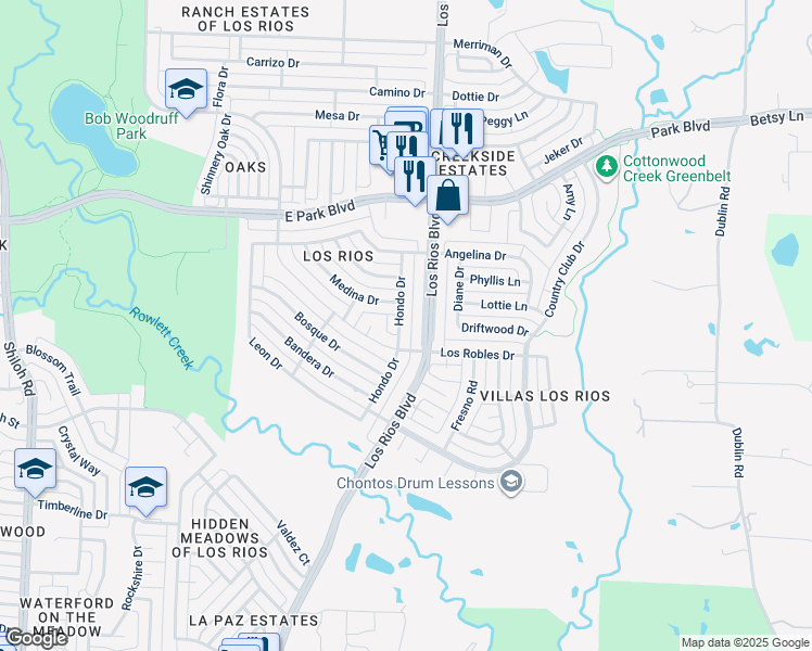 map of restaurants, bars, coffee shops, grocery stores, and more near 2112 Hondo Drive in Plano