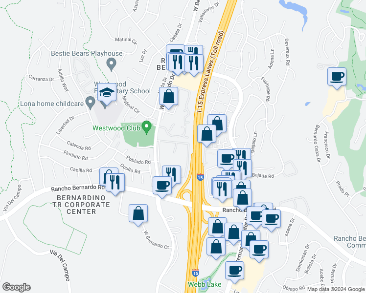 map of restaurants, bars, coffee shops, grocery stores, and more near 17147 West Bernardo Drive in San Diego
