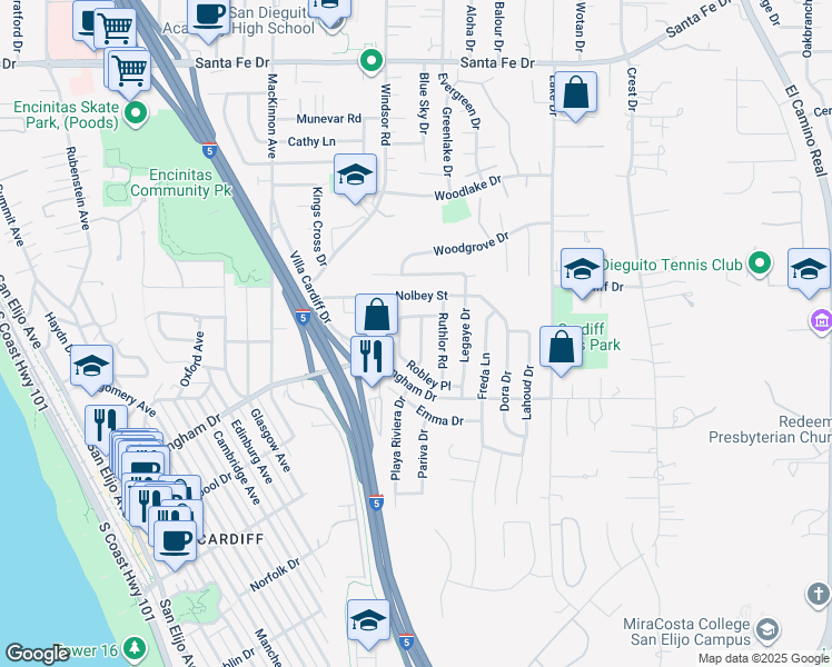 map of restaurants, bars, coffee shops, grocery stores, and more near 1620 Edilee Drive in Encinitas