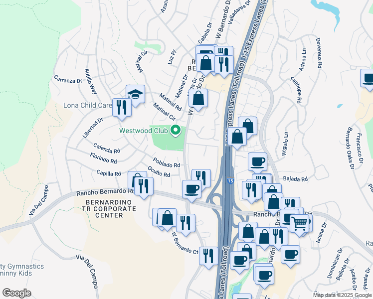 map of restaurants, bars, coffee shops, grocery stores, and more near 17181 Botero Drive in San Diego