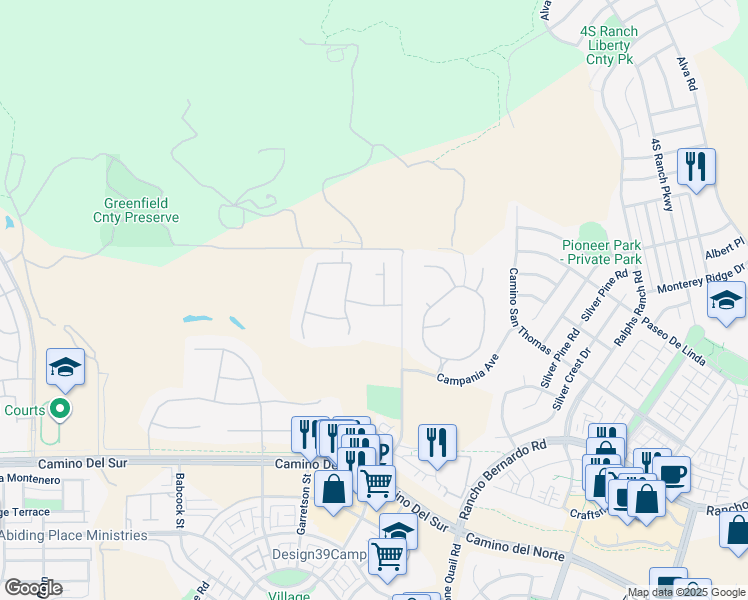 map of restaurants, bars, coffee shops, grocery stores, and more near 17207 Holly Leaf Court in San Diego