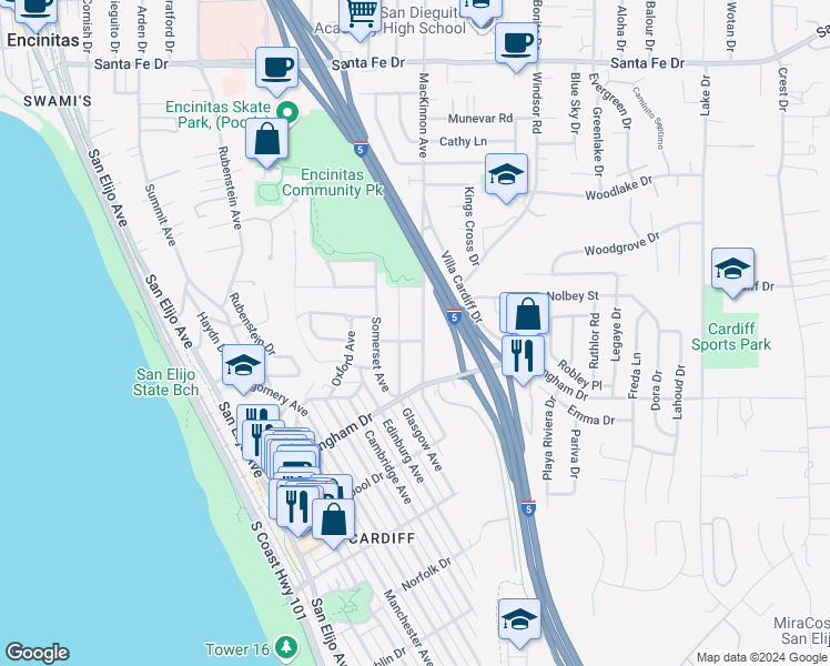 map of restaurants, bars, coffee shops, grocery stores, and more near 1804 Mackinnon Avenue in Encinitas