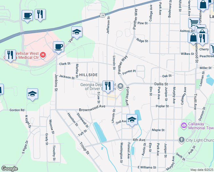map of restaurants, bars, coffee shops, grocery stores, and more near 604 Lincoln Street in LaGrange