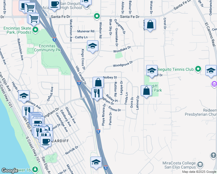 map of restaurants, bars, coffee shops, grocery stores, and more near 1620 Edilee Drive in Encinitas