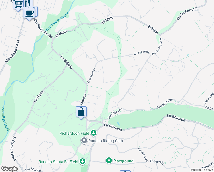 map of restaurants, bars, coffee shops, grocery stores, and more near 17507 Los Morros in Rancho Santa Fe