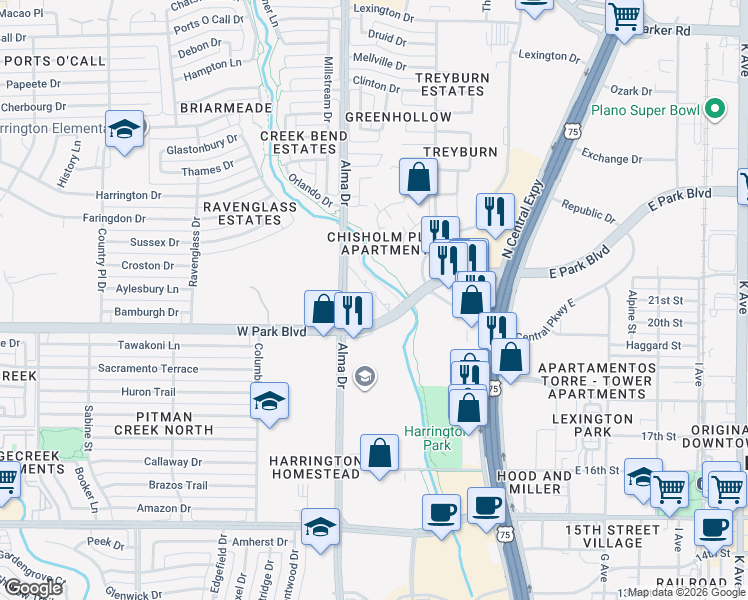 map of restaurants, bars, coffee shops, grocery stores, and more near 1001 West Park Boulevard in Plano