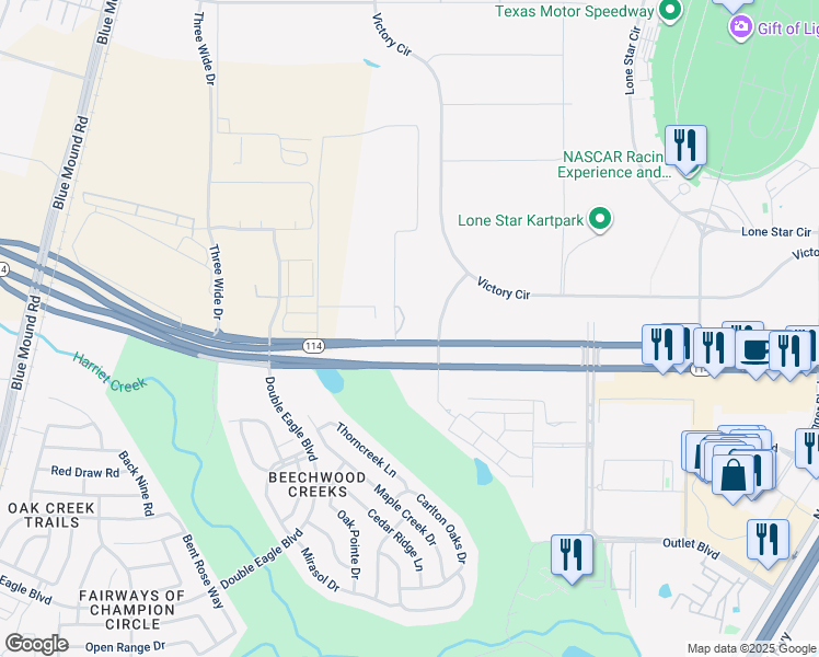 map of restaurants, bars, coffee shops, grocery stores, and more near 2925 Texas 114 in Fort Worth