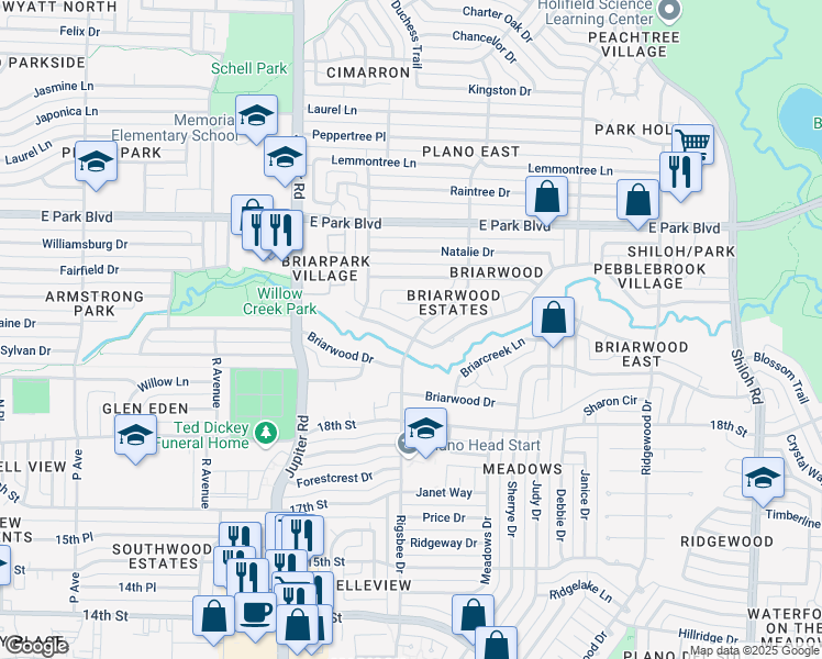 map of restaurants, bars, coffee shops, grocery stores, and more near 2626 Rockbrook Drive in Plano