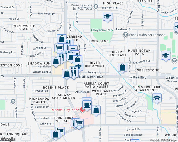map of restaurants, bars, coffee shops, grocery stores, and more near 3808 Solarium Place in Plano