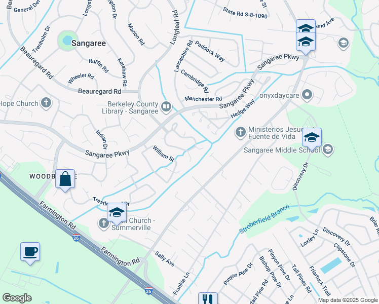 map of restaurants, bars, coffee shops, grocery stores, and more near 101 Crooked Creek Court in Summerville