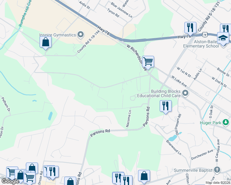 map of restaurants, bars, coffee shops, grocery stores, and more near 122 Candace Court in Summerville