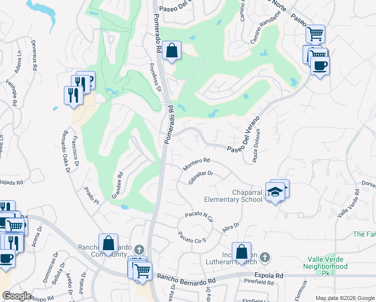 map of restaurants, bars, coffee shops, grocery stores, and more near 17424 Plaza Sonada in San Diego