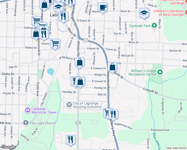 map of restaurants, bars, coffee shops, grocery stores, and more near 201 East Crovat Street in LaGrange