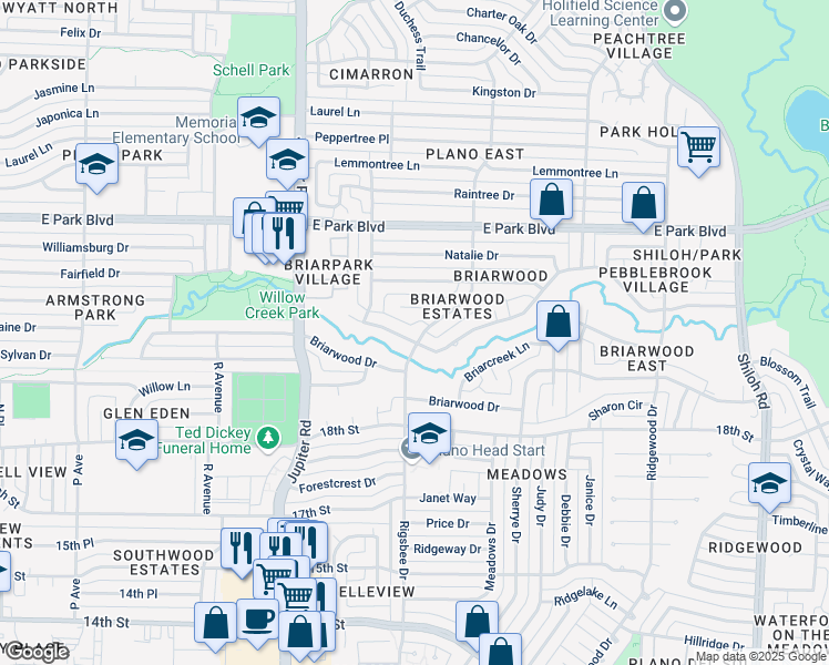 map of restaurants, bars, coffee shops, grocery stores, and more near 2626 Rockbrook Drive in Plano