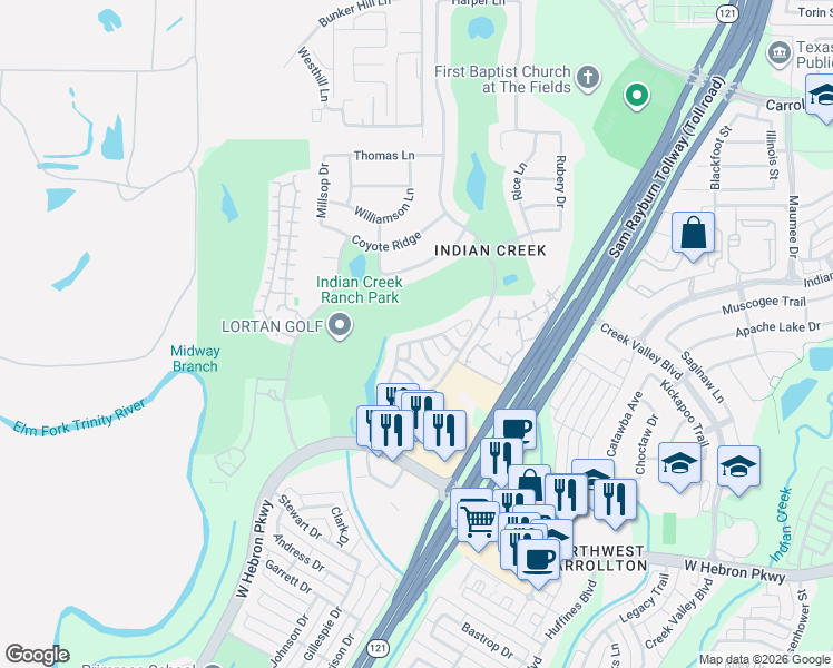 map of restaurants, bars, coffee shops, grocery stores, and more near 1625 Hawkins Court in Carrollton