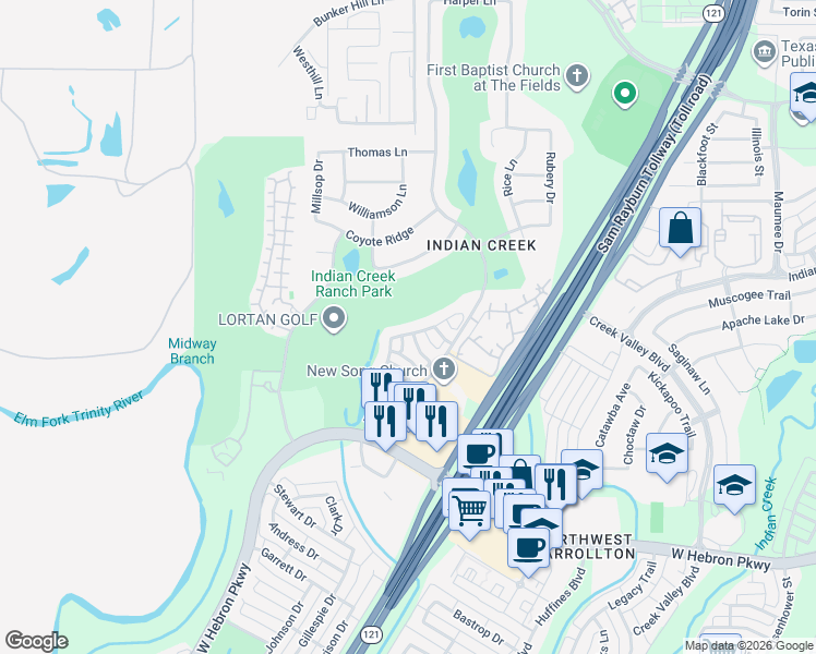 map of restaurants, bars, coffee shops, grocery stores, and more near 1660 Kimble Drive in Carrollton