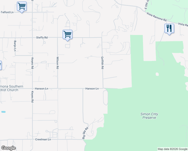 map of restaurants, bars, coffee shops, grocery stores, and more near 1653-1673 Griffith Road in Ramona