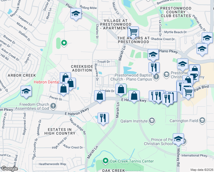 map of restaurants, bars, coffee shops, grocery stores, and more near 2933 Lindale Drive in Carrollton