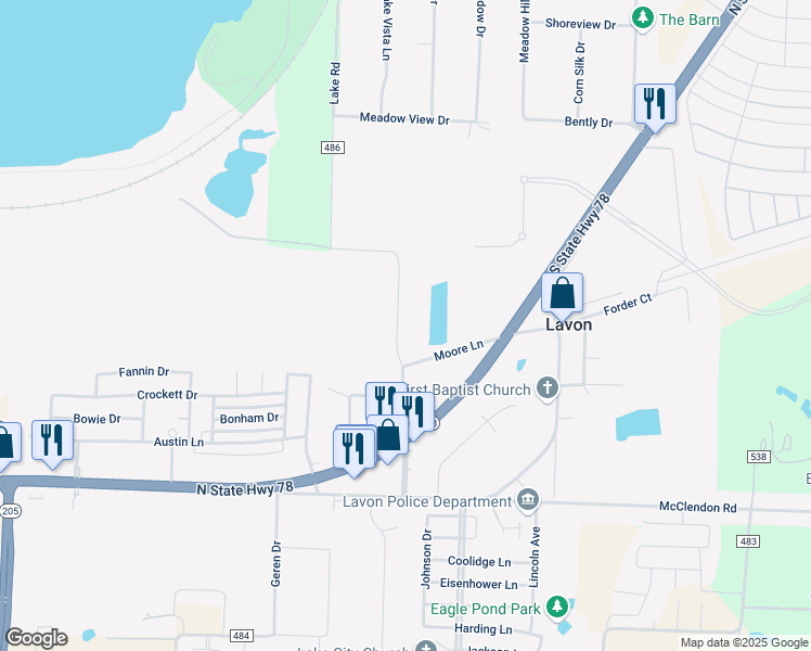 map of restaurants, bars, coffee shops, grocery stores, and more near 400 Lake Road in Lavon