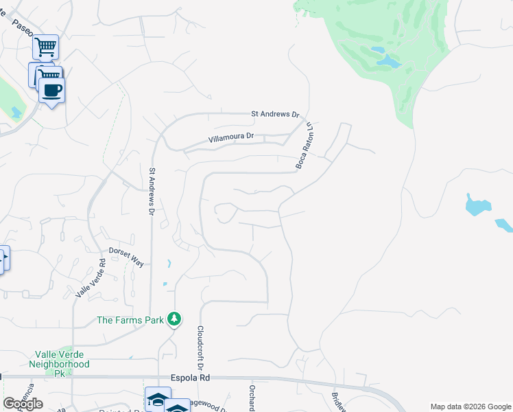 map of restaurants, bars, coffee shops, grocery stores, and more near 13650 Overland Pass Road in Poway