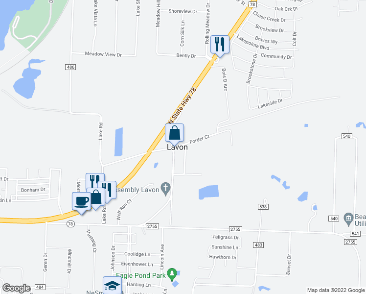 map of restaurants, bars, coffee shops, grocery stores, and more near 112 Forder Court in Lavon