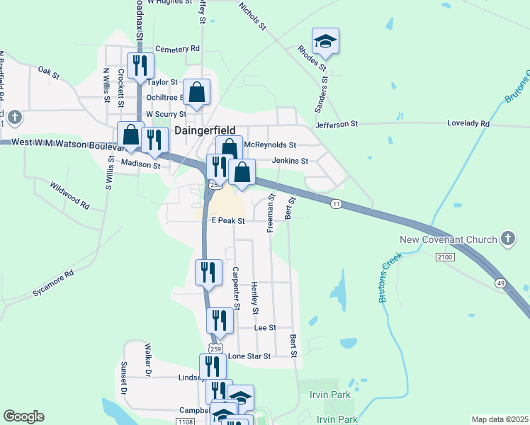 map of restaurants, bars, coffee shops, grocery stores, and more near 404 East Peak Street in Daingerfield