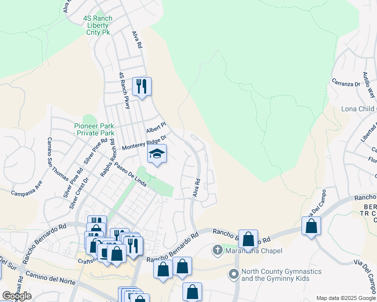 map of restaurants, bars, coffee shops, grocery stores, and more near 10552 Canberra Court in San Diego