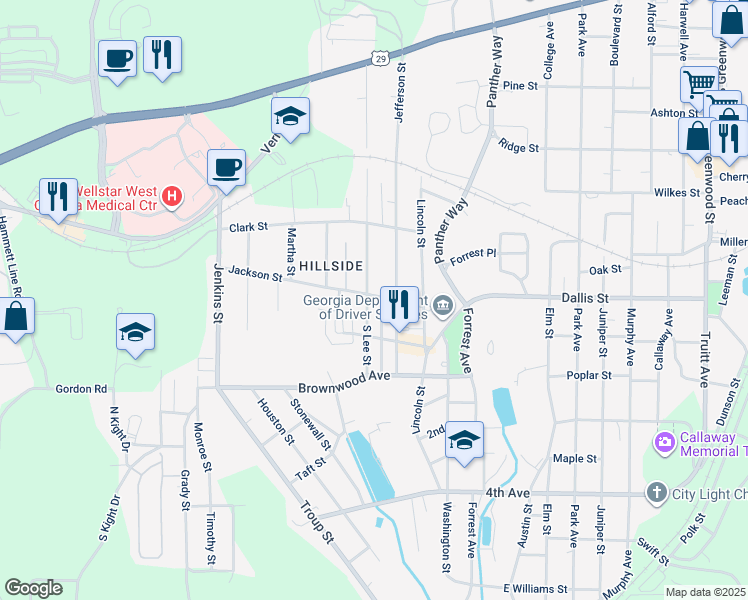 map of restaurants, bars, coffee shops, grocery stores, and more near 601 South Lee Street in LaGrange