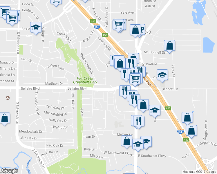 map of restaurants, bars, coffee shops, grocery stores, and more near 206 Oakwood Lane in Lewisville