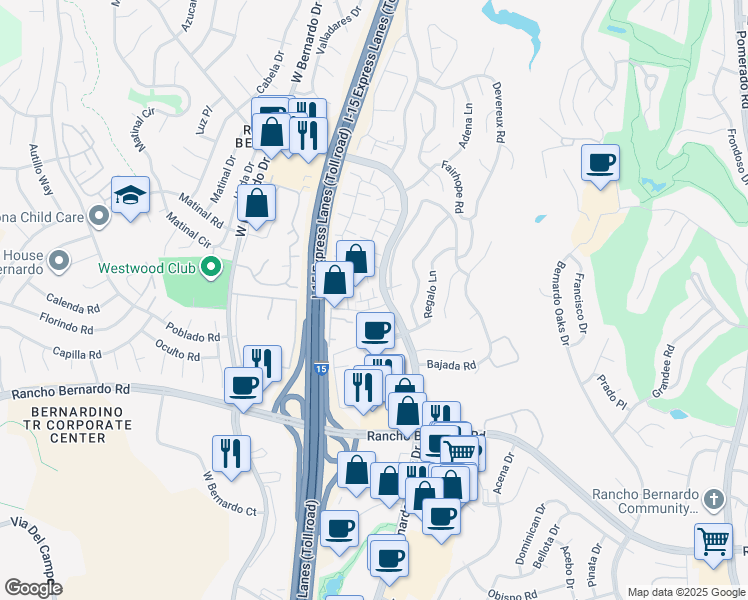 map of restaurants, bars, coffee shops, grocery stores, and more near 11864 Bernardo Terrace in San Diego