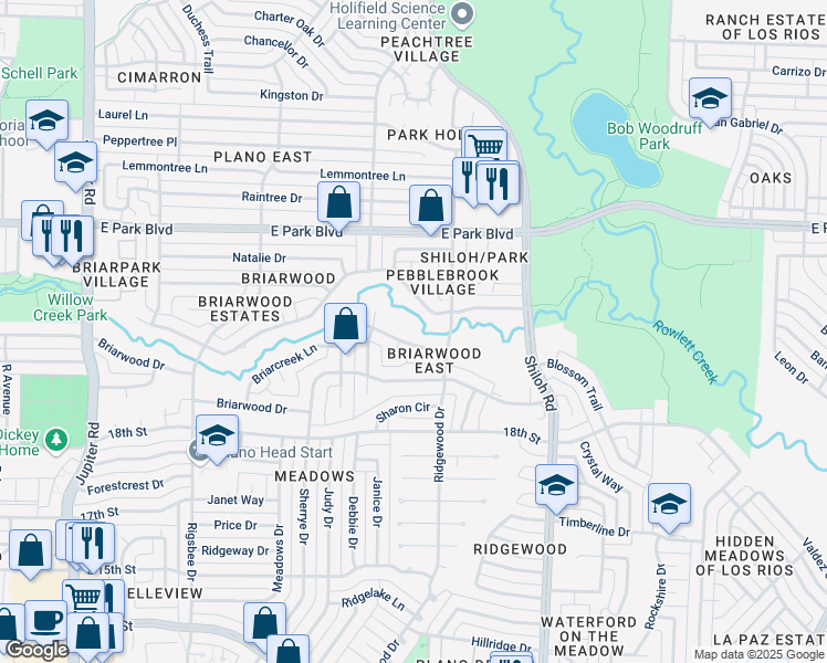 map of restaurants, bars, coffee shops, grocery stores, and more near 3300 Greenbriar Lane in Plano