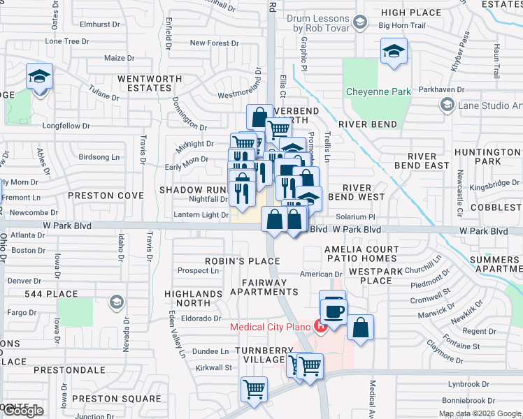 map of restaurants, bars, coffee shops, grocery stores, and more near 4001 W Park Blvd in Plano
