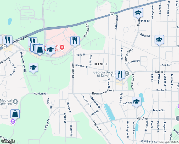 map of restaurants, bars, coffee shops, grocery stores, and more near 612 Wilburn Avenue in LaGrange