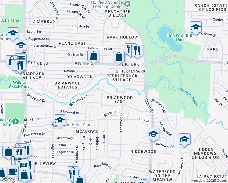 map of restaurants, bars, coffee shops, grocery stores, and more near 3300 Greenbriar Lane in Plano
