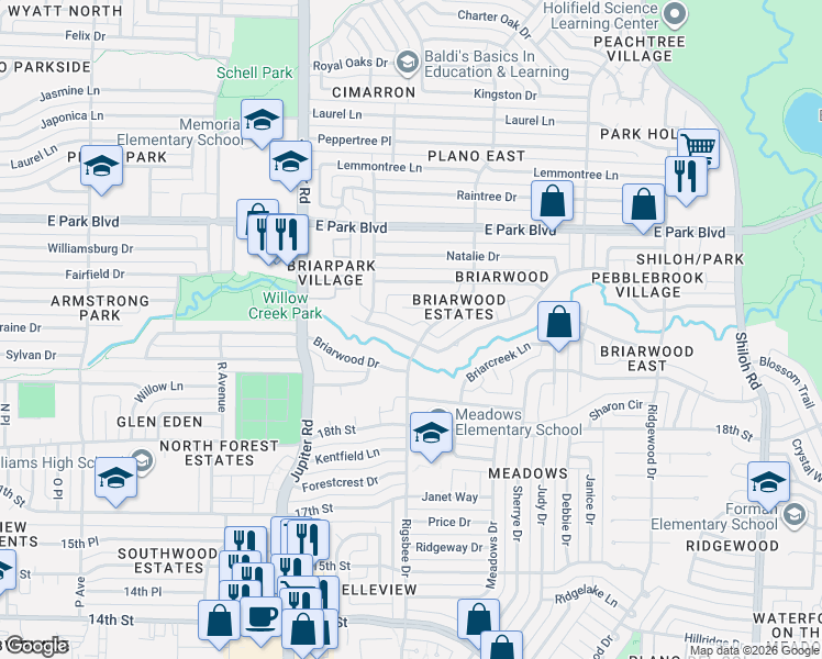 map of restaurants, bars, coffee shops, grocery stores, and more near in Plano