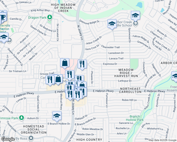 map of restaurants, bars, coffee shops, grocery stores, and more near 4234 Lavaca Trail in Carrollton