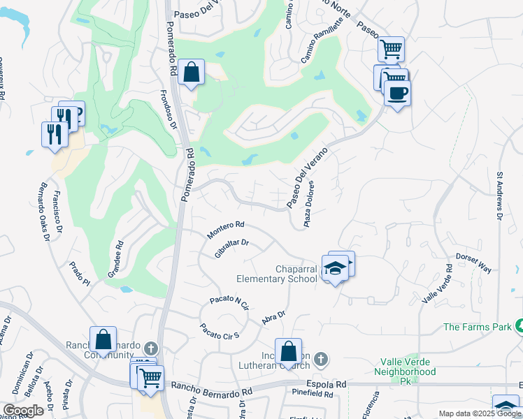 map of restaurants, bars, coffee shops, grocery stores, and more near 17430 Plaza Fiel in San Diego