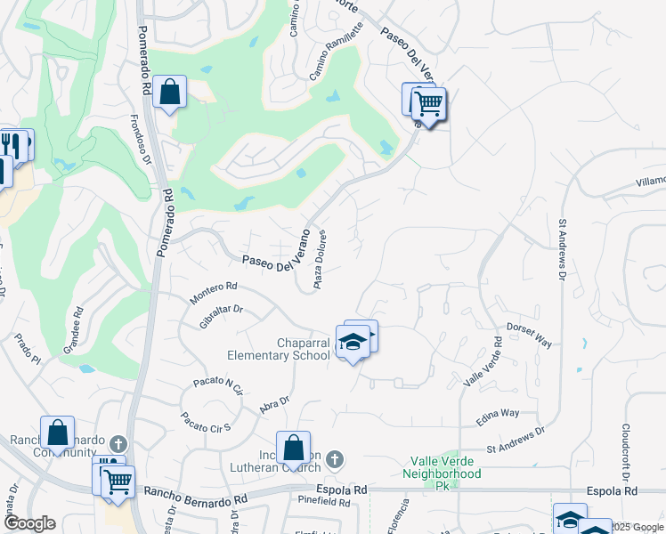 map of restaurants, bars, coffee shops, grocery stores, and more near 17411 Plaza Dolores in San Diego