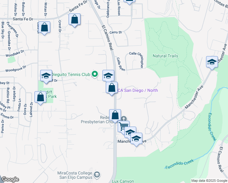 map of restaurants, bars, coffee shops, grocery stores, and more near 1550 South El Camino Real in Encinitas