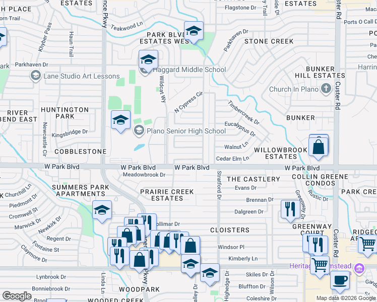 map of restaurants, bars, coffee shops, grocery stores, and more near 2704 Leameadow Drive in Plano