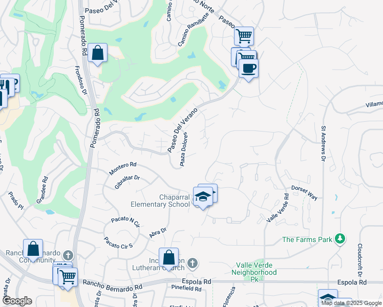 map of restaurants, bars, coffee shops, grocery stores, and more near 17387 Plaza Dolores in San Diego